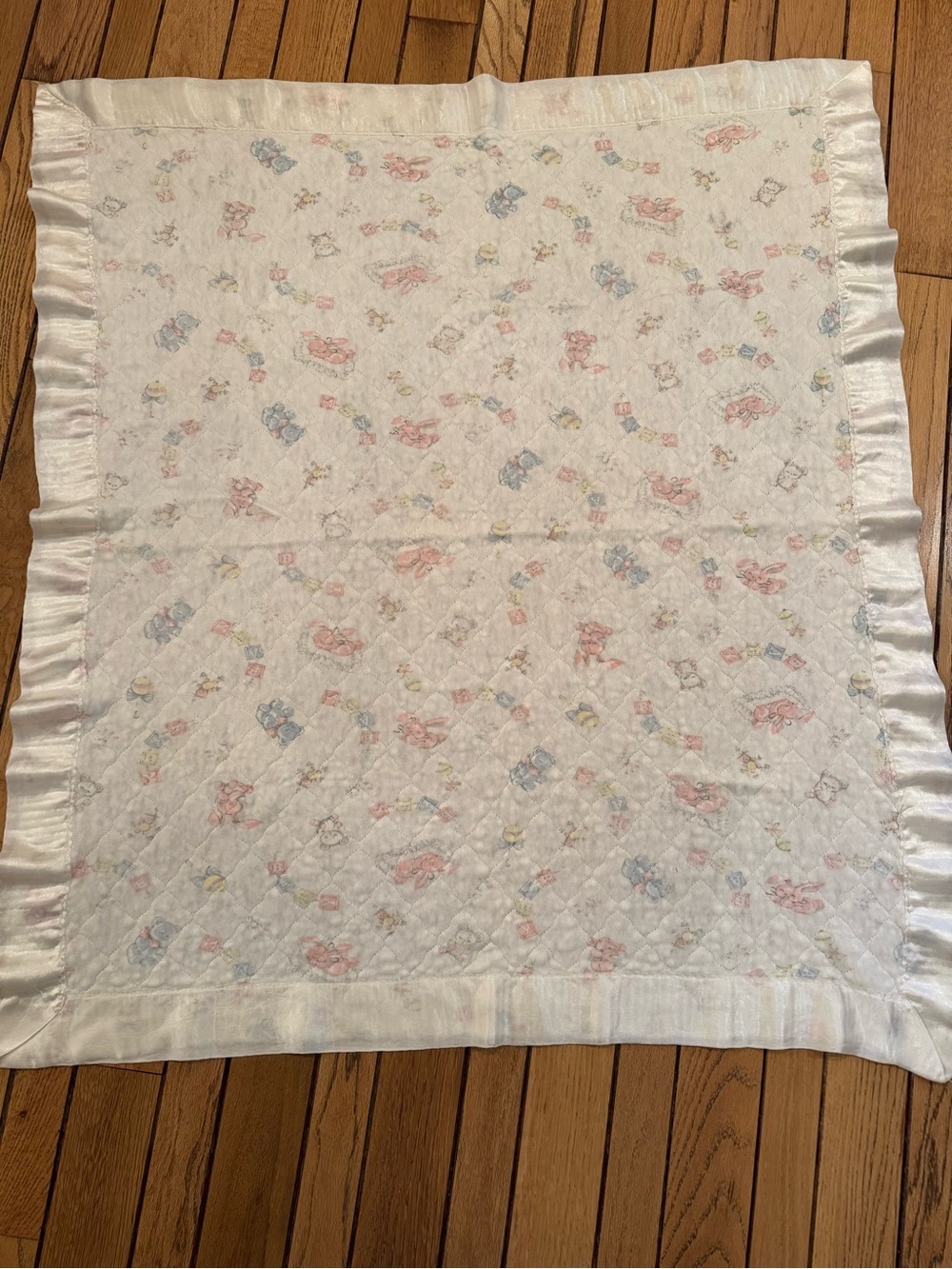 Vintage Baby Quilted Satin Trim Blanket - Pastel Animal Print